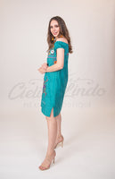 Mexican Floral Embroidered Off the Shoulder Dress Evelia Teal - Cielito Lindo
