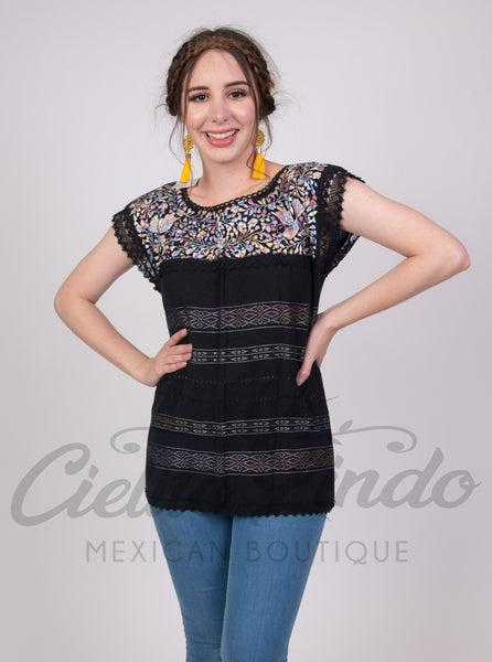 Blouses Small Mexican Oaxaca Black & Pastels Blouse
