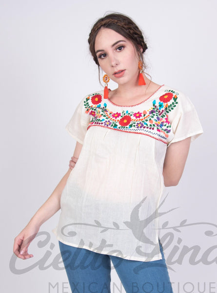 Mexican Tehuacan Embroidered Blouse Cream - Cielito Lindo