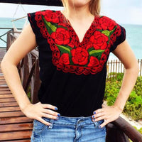 Mexican Floral Embroidered Top Blouse Colorful - Zina Black Red - Cielito Lindo