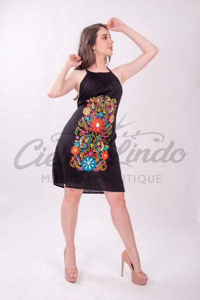 Ximena Mexican Halter Black/Multicolor Dress