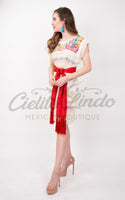 Dress Large Oaxaca Beige Midi Loomed Dress with Multicolor Embroidery