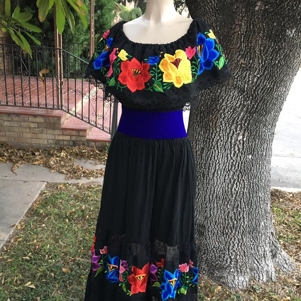 Mexican Luxury Campesino Fino Maxi Dress Black – Cielito Lindo