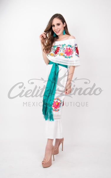 Mexican Luxury Fino Campesino Maxi Dress White Cielito Lindo Mexican Luxury Fino Campesino Maxi Dress White Cielito Lindo