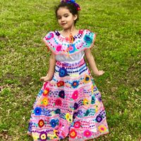 Girls 2 Strips / 10" Skirt Mexican Chiapaneca Dress for Girls White