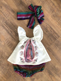 Girls Dress 9-12 Months Bloomer Set Mexican Printed Lady of Guadalupe Girls Dress and Headband Set