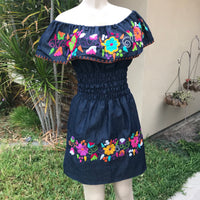 Mexican Denim Embroidered Dress Off the Shoulder - Cielito Lindo