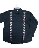 Men’s Black Linen Guayabera with Floral Embroidery Long Sleeve