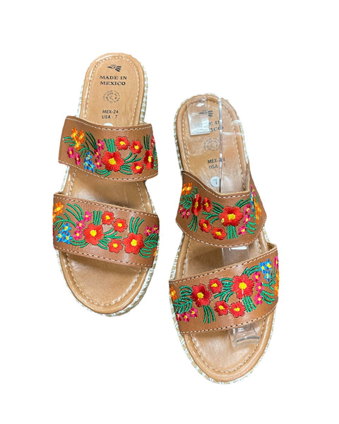 Floral Embroidered Leather Espadrille Sandals