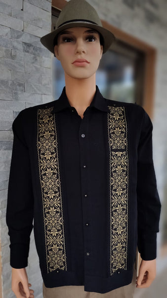 Black Guayabera with Gold Embroidery for Men Linen Long Sleeve