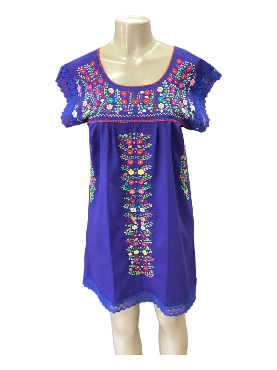 Mexican Tehuacan Dress with Lace Royal Blue – Cielito Lindo