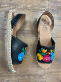 Black Leather Embroidered Sandals