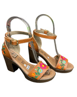 Cloe Leather Floral Embroidered Heels Camel