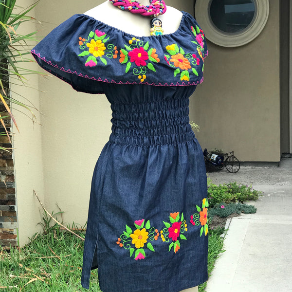Mexican Denim Embroidered Dress Off the Shoulder – Cielito Lindo
