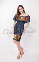 Mexican Denim Embroidered Dress Off the Shoulder - Cielito Lindo