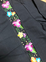 Men’s Black Linen Guayabera with Floral Embroidery Long Sleeve