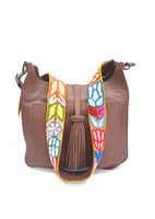 Messenger Leather Bag with Floral Embroidery Brown