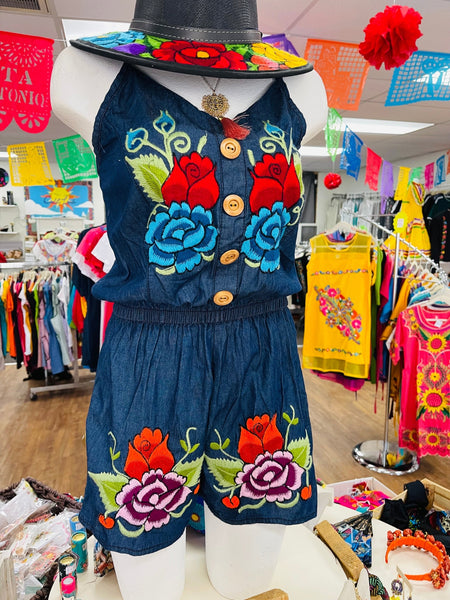 Mexican Embroidered Denim Romper