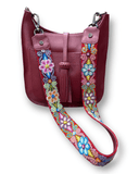 Messenger Leather Bag with Floral Embroidery Rubi Red