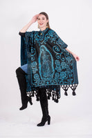 Poncho Black / Blue Mexican Our Lady of Guadalupe Shimmering Poncho Serape Fringed Cape One Size Blue