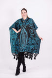 Poncho Black / Blue Mexican Our Lady of Guadalupe Shimmering Poncho Serape Fringed Cape One Size Blue
