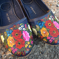 Navy Leather Flats Handpainted - Cielito Lindo