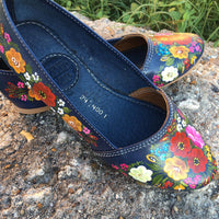Navy Leather Flats Handpainted - Cielito Lindo