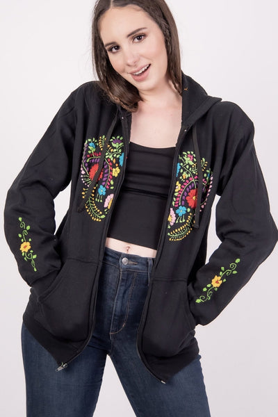 Winter Mexican Handmade Floral Embroidered Zippered Hoodie Black
